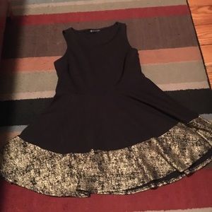 Black skater dress with gold trim, FTF.